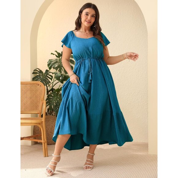 Plus Size Boho Maxi Dress Short Sleeves High Waist Ruffle Pockets Casual Summer - Picture 2 of 6